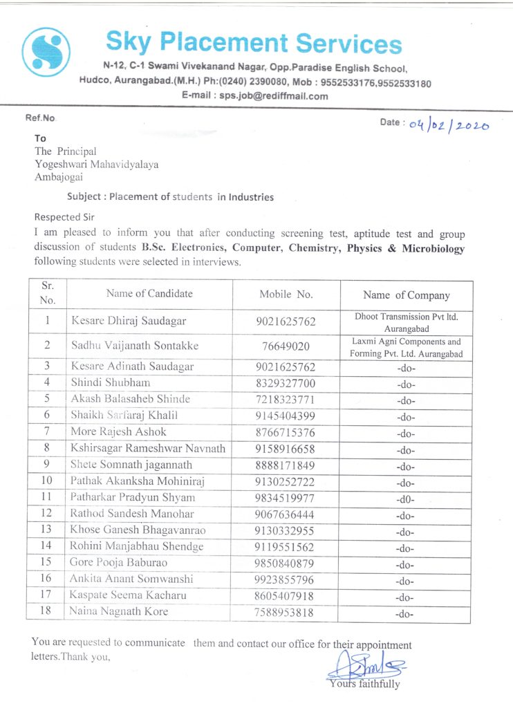 Shortlist to Yogeshwari Education Society, Ambajogai